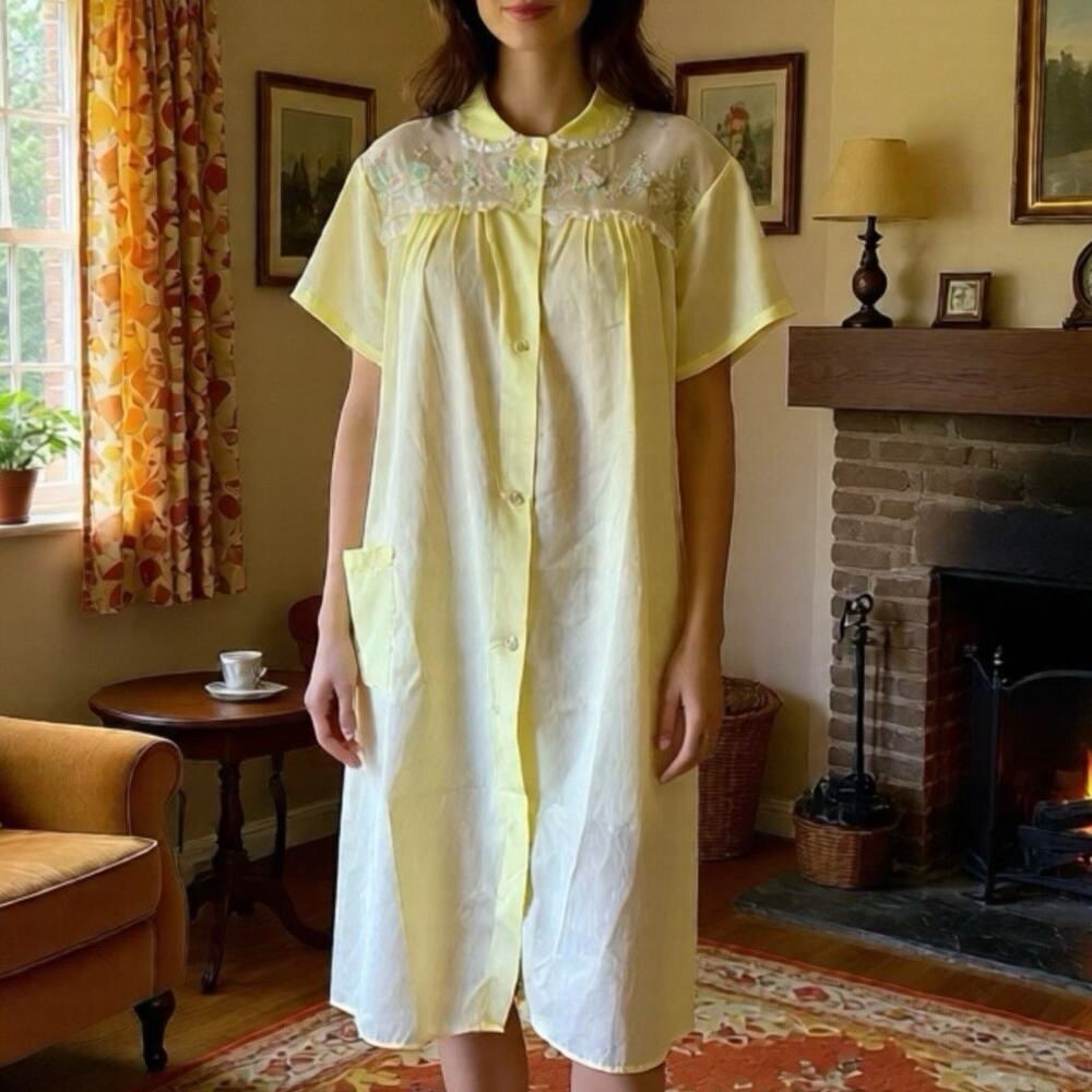VTG 70s Philmai House Dress Pale Yellow Lace Trim Embroidered Prairie Cottage L
